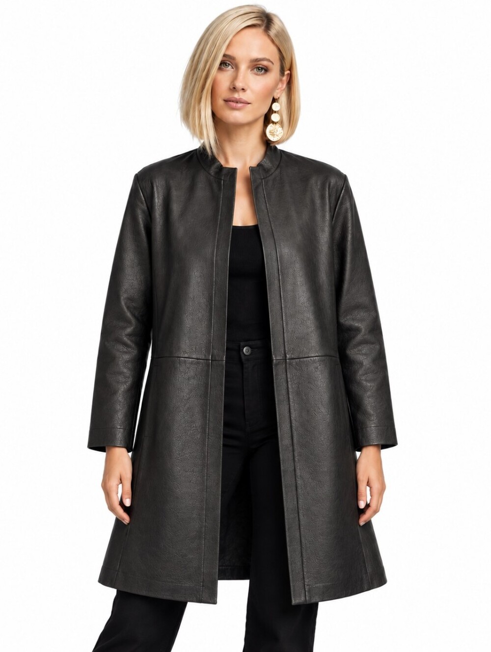 Vintage Donna Karan Signature Black Leather Long Coat Minimalist Size 12 EUC